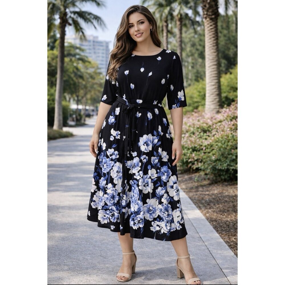 Evan Picone Dress 12 Black Blue Floral Short Sleeve Stretch Sheath Washable NEW
